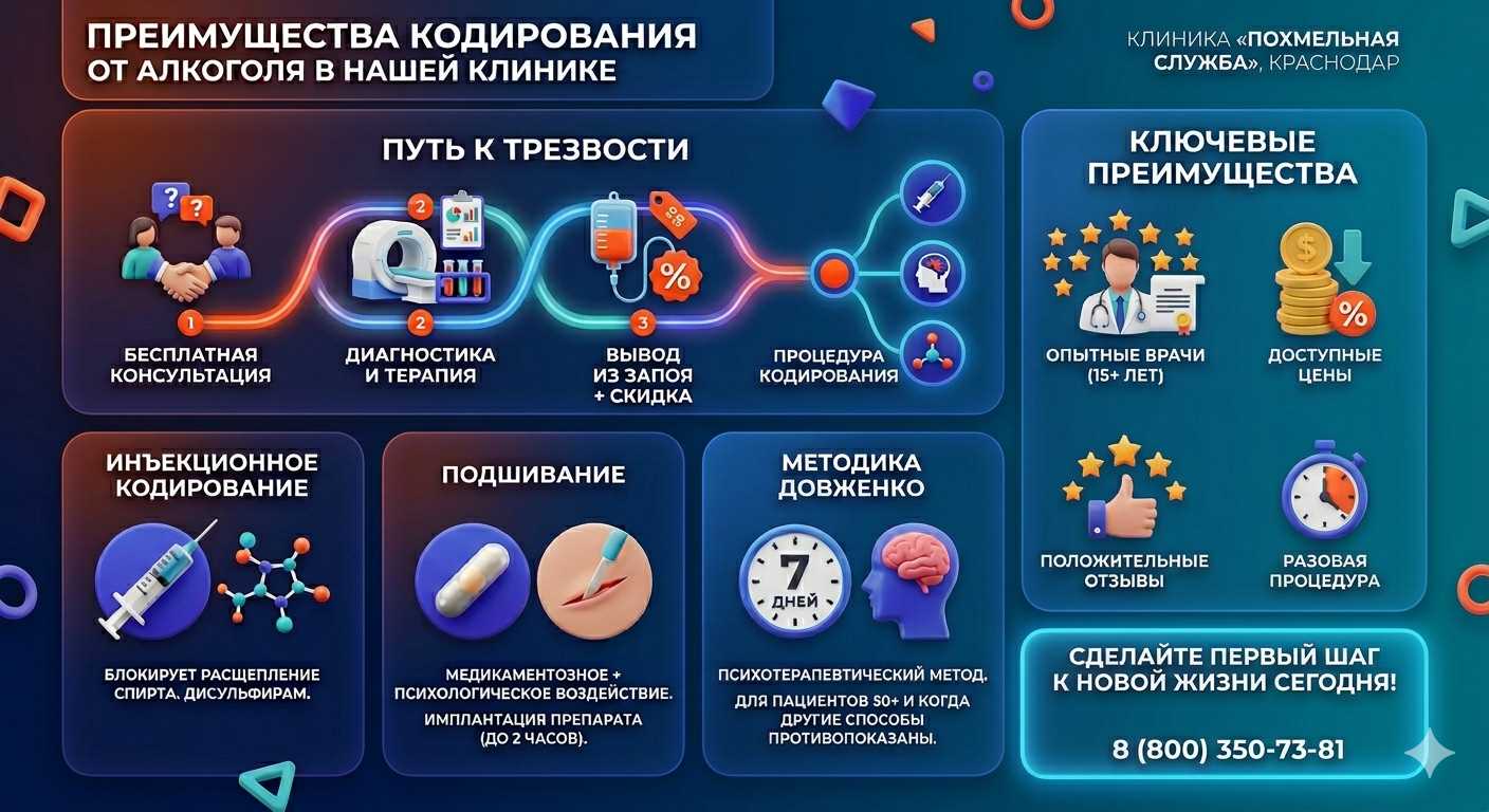 Инфографика о методах кодирования от алкоголя в Кушнаренково: инъекции, подшивание, метод Довженко. Преимущества клиники и этапы лечения.